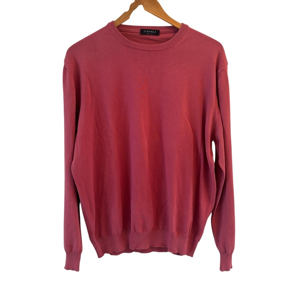 Canali Italian Sweater Mens Size L Pink Red Crewneck 100% Cotton Classic Luxury